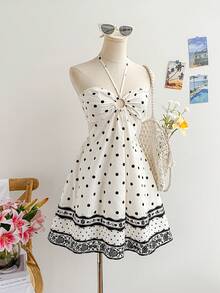 Soleia 女士波点印花露腰吊带迷你连衣裙，度假风 - 彩色 - 查看 3