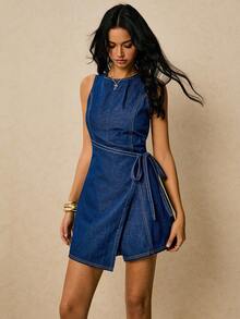 Poéselle Bộ quần yếm và áo liền quần denim nữ mới, kiểu dáng quấn quanh eo, không tay, màu xanh đậm, thanh lịch kiểu Pháp, thích hợp cho buổi hẹn hò. - Rửa trung bình - Xem 5