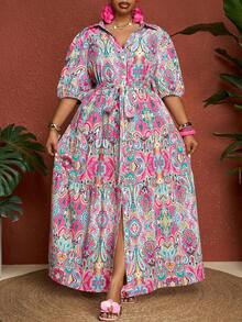 SHEIN CURVE+ 大码女式休闲腰果印花泡泡袖单排扣衬衫裙 - 彩色 - 查看 8