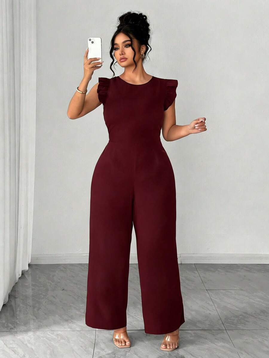 SHEIN Elenzya 女士春夏圆领露背豹纹系带短袖连体裤，休闲/约会/通勤宽松阔腿裤 - 酒紅色 - 查看 1