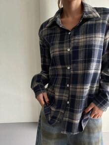 DAZY Áo sơ mi dài tay kẻ caro nữ kiểu dáng thường ngày, phong cách mùa xuân Y2K - Màu xanh lam - Xem 3