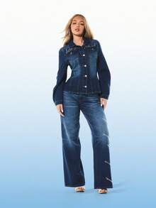 BABYPHAT Áo khoác denim nữ dáng dài, màu xanh đậm, cài cúc phía trước, thắt eo, đính đá lấp lánh, có túi ngực, thích hợp cho mùa thu đông. - Màu xanh lam - Xem 3