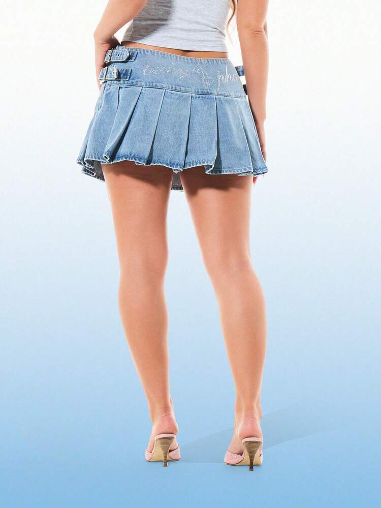 BABYPHAT Pleated Denim Mini Skirt With Double Buckle Straps High Rise Vintage Wash Blue Jean Skirt Y2K Style Summer Festival Fashion