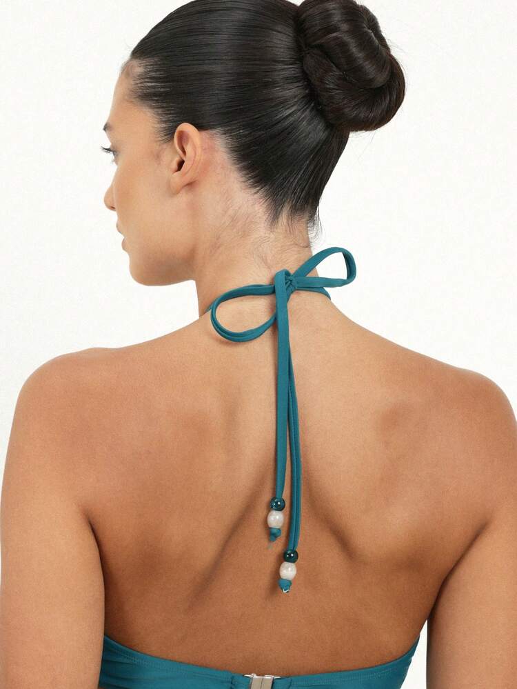 KSTM Women's Halter Twist Front One Piece Swimsuit With Cut Out Back Detail And Beaded Ties Turquoise Summer Beach Swimwear