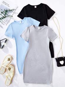 Vestido casual de unicolor de cuello redondo y manga corta para niñas preadolescentes, verano - Multicolor - Ver 1