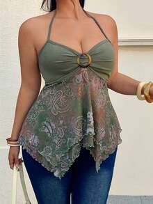 GalTyme 大码女式露背腰果印花金属装饰不对称下摆时尚百搭休闲上衣 - 綠色 - 查看 5