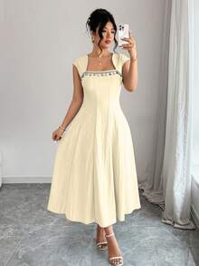 Elenzga Plus Size Women's 1pc Faux Linen Texture Shell & Tassel Decor A-Line Casual Beach Vacation Dress, Spring/Summer - Light Yellow - View 5