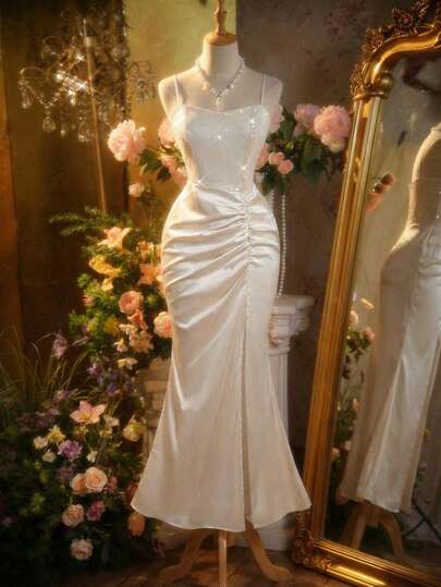 SHEIN MOD 女士象牙色绉纱拼接亮片交叉露背褶皱高腰开衩鱼尾下摆吊带长裙