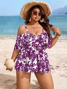 Swim Lushoire Plus Size Random Print Adjustable 2 Pieces Modest Fashionable Tankini Swimwear - Purple - View 6