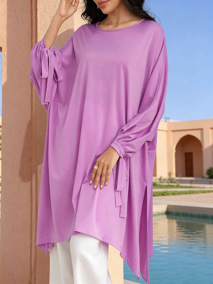 Graceveil Solid Color Round Neck Bowknot Cuff Asymmetric Hem Loose Casual Soft T-Shirt For Women