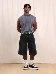SUMWON Pantalones cortos de carga de mezclilla negra para hombres con adorno de alas de ángel de rhinestone, pierna ancha y longitud hasta la rodilla, ropa de calle de verano - Negro - Ver 3