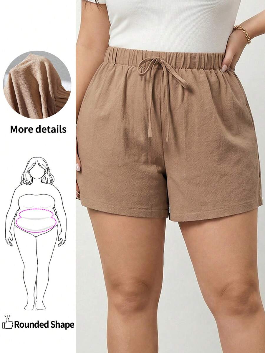 Enliva Women's Plus Size Khaki Texture Shorts For Spring/Summer, For Apple And Rounded Body Shape - Khaki - View 1