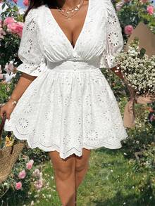Sunnyshic Vestido de manga abullonada con cuello en V, talla grande, con bordado, textura y botones en la cintura, corte evasé, dulce y elegante para primavera/verano, citas, fiestas - Blanco - Ver 9