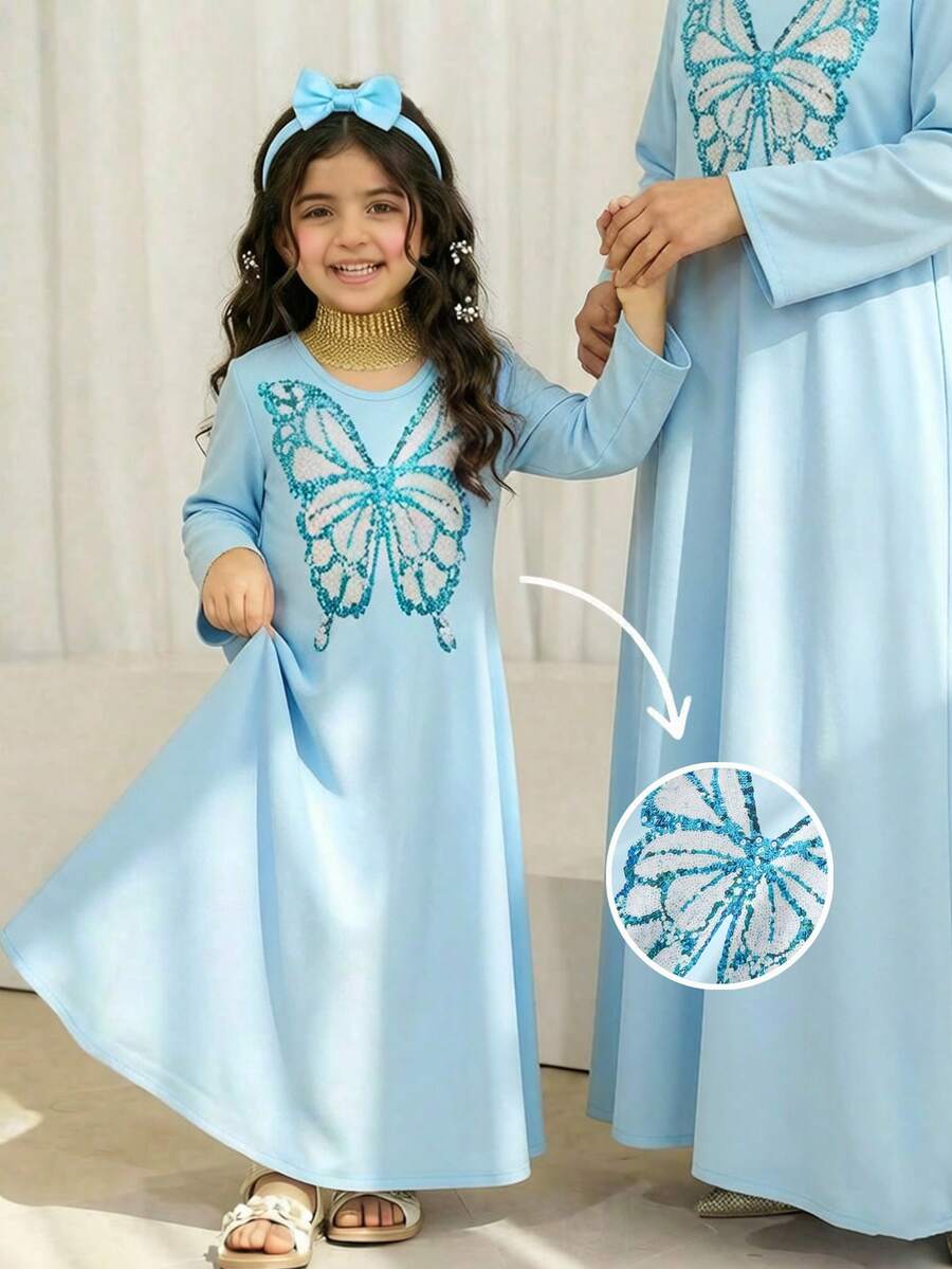Sky Blue,Autumn,Elegant,Traditional,Wedding Girls Blue Butterfly Dress,Arabic Kids Sequin Long Sleeve Moroccan Caftan,Prayer Abaya Kids Summer Outfit - Blue - View 1