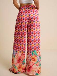 LOTSLUV Women's Fuchsia Ombre Tropical Floral Print Pants, Vacation Style, Spring/Summer - Hot Pink - View 2