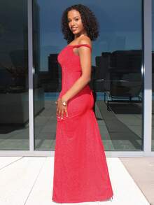 Steph T Vestido largo brillante y asimétrico con volantes y abertura alta lateral, perfecto para fiestas de Navidad, vacaciones, citas y Día de San Valentín. Vestido de lentejuelas para año nuevo, ropa de fiesta para mujeres. - Rojo - Ver 6