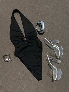 StreetHx Y2K风格深V领连体衣，女士春夏款 - 黑色 - 查看 1