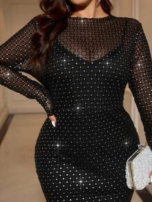 SHEIN Clasi Váy lưới bó sát hông đính đá lấp lánh gợi cảm cỡ lớn cho nữ, váy 2 trong 1, vải co giãn chất lượng cao, phù hợp cho nhiều dịp, mới 2025, quần áo mùa thu cho nữ, trang phục Halloween cho nữ, váy Giáng sinh, quần áo ngày quốc khánh Ả Rập Xê Út, váy ngày quốc khánh Ả Rập Xê Út, váy năm mới, năm mới, diện mạo năm mới, váy dự tiệc, váy thanh lịch cho tiệc, váy dự tiệc cho người đẹp, đi chơi, váy tốt nghiệp cho nữ, váy dạ hội, váy dạ hội trang trọng cho nữ, váy dạ hội cỡ lớn, váy lấp lánh, váy sequin, trang phục đi chơi đêm, trang phục đêm hẹn hò cho nữ, váy mẹ cô dâu cho đám cưới, váy trang trọng cho nữ, váy sang trọng, váy thanh lịch, váy trang trọng màu đen cho nữ - màu đen - Xem 2