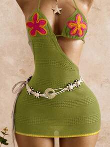 Bellisia Vestido de cuello halter con decoración floral y calado de ganchillo para mujer - Fresh Green - Ver 3