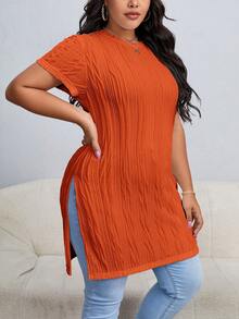 SHEIN Essnce Áo thun dáng rộng, màu trơn, xẻ tà bên hông, thích hợp cho mùa hè. - trái cam - Xem 1