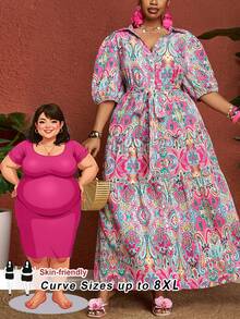 SHEIN CURVE+ 大码女式休闲腰果印花泡泡袖单排扣衬衫裙 - 彩色 - 查看 1