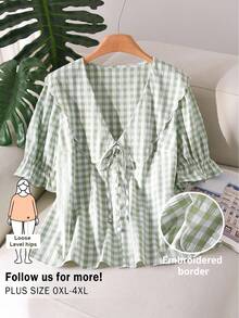 CosyJoli 大码夏季休闲格子系带衬衫 - 綠色 - 查看 1