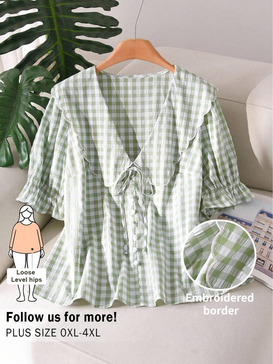 CosyJoli 大码夏季休闲格子系带衬衫 - 綠色 - 查看 1