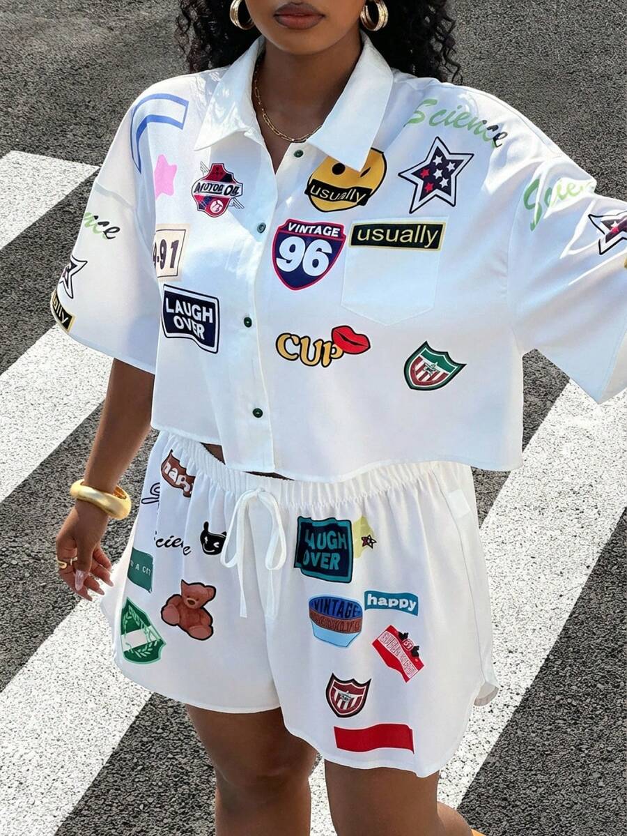 Muchica Bộ đồ 2 mảnh thường ngày dành cho nữ cỡ lớn mùa Xuân/Hè 2026, gồm áo ngắn tay in chữ và quần short, kiểu dáng thường ngày. - Màu be - Xem 1