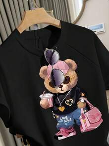 Teen Girls Black Casual Loose Fit Short Sleeve T-Shirt Set, Cool Sunglasses & Bear Print Pattern, Pockets, Suitable For Spring & Summer, Comfortable Casual Wear, Cool Summer Series, Must-Have For Teenage Girls, Back To School Essential, Summer Girls Fashion Basics, Spring & Summer Korean Style, Daily Teenage Fashion - Multicolor - View 6
