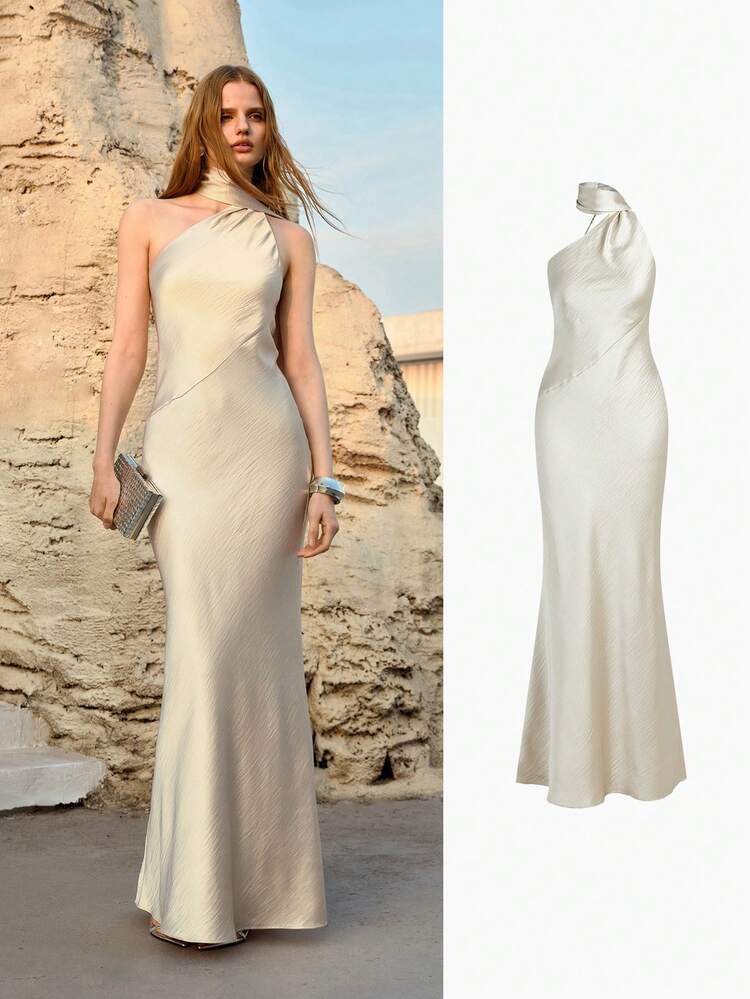 WOMEN'S BEADED TASSEL SASH BACKLESS DRESS, SATIN FORMAL GOWN