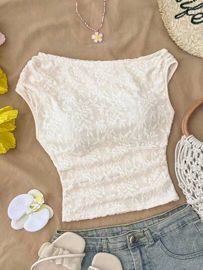 SHEIN 少女杏色针织提花修身不对称褶皱短款上衣，适合春夏穿着，休闲、优雅、日常百搭。