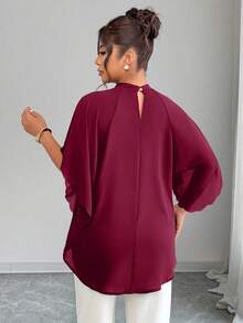 Elenzga Plus Size Women's Round Neck Ruched Sleeve Wavy Hem Loose Blouse, Spring/Summer - Burgundy - View 2
