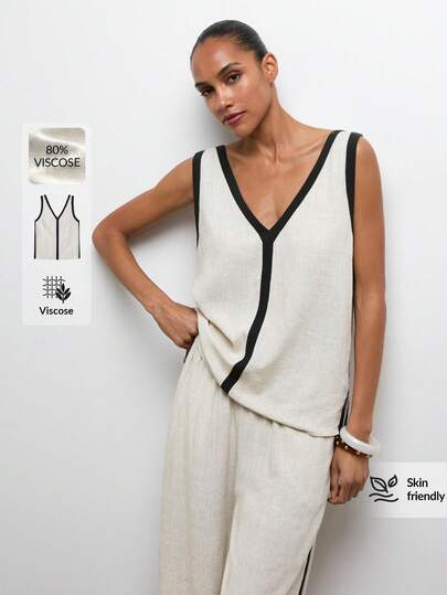 Maija Khaki Women's Sleeveless V-Neck Loose Fit Tank Top With Black Trim, Suitable For Vacation Linen 20% Holiday Outfits Womens Summer Outfits Womens Clothing Modern Tops For Women Festival Outfits For Women Sewing Patterns For Women Clothing
