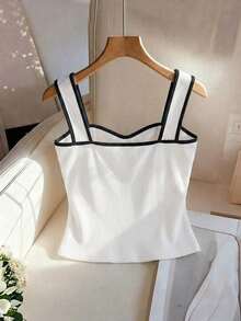 Franclia Nuevo llegado de primavera/verano Elegante estilo francés sin mangas Blanco Chic Decorativo Botón Contraste Color Blocking Camiseta de tirantes, Chaleco casual de mujer, Camisola sexy, Blusa sin mangas, Conjunto de primavera/verano - Blanco y Negro - Ver 2