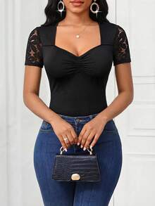 SHEIN Lady Women's Lace Ruffle Fitted Casual Daily Short Sleeve T-Shirt - Gold - View 1