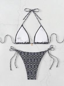 Swim Vcay Bộ bikini nữ mùa hè mới, kiểu cổ yếm, in họa tiết, có dây buộc bên hông. - màu đen - Xem 2