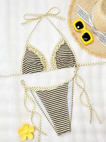 SHEIN Swim Vcay Conjunto de bikini sexy y lindo para mujer con estampado aleatorio de rayas amarillas, lunares y triángulos, con cordones, volantes y espalda descubierta - Multicolor - Ver 4