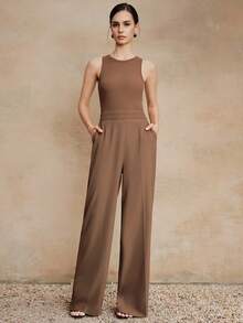 Anewsta Women's Casual Straight Leg Pants With Front Waist Stripes, Side Pockets, Side Zipper, Elastic Waist, Suitable For Commuting - Coffee Brown - View 6