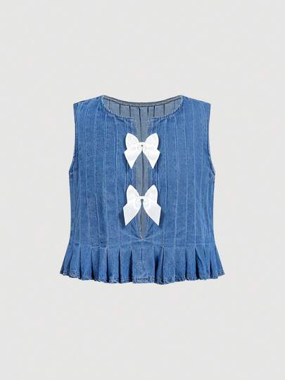 SHEIN MOD Blusa de mezclilla sin mangas con lazo decorativo y dobladillo plisado para mujer