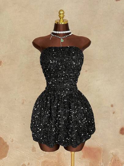 Sunspun Vestido corto con un hombro descubierto, espalda descubierta y lazo, con lentejuelas, talla grande