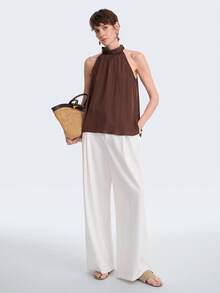 Aalyst Women's Coffee Brown Silk-Like Satin High Neck Ruffle Collar Sleeveless Tank Top,Summer Elegant Tea Party Backless Loose A-Line Hem French - Coffee Brown - View 6