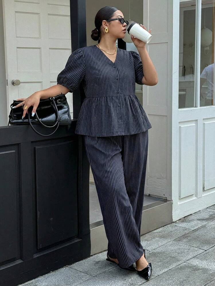 Dazy Plus 2pcs/Set Striped V-Neck Loose Lantern Sleeve Pullover Top And Relaxed Long Pants, Plus Size Women Spring/Autumn Outfit Summer