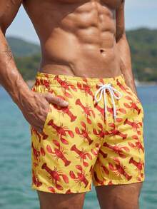 Manfinity Swimmode Men's Casual Fashionable Lobster Print Beach Shorts - Mustard Yellow - View 4