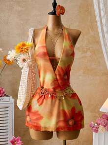 Femesol Women's Sexy & Elegant Halter Neck Knit Printed Dress - Multicolor - View 1