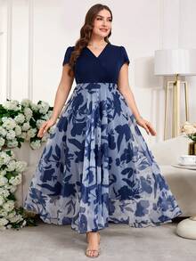 Reflora 大码女士优雅印花连衣裙，夏季婚礼宾客礼服 - 藏蓝色 - 查看 4