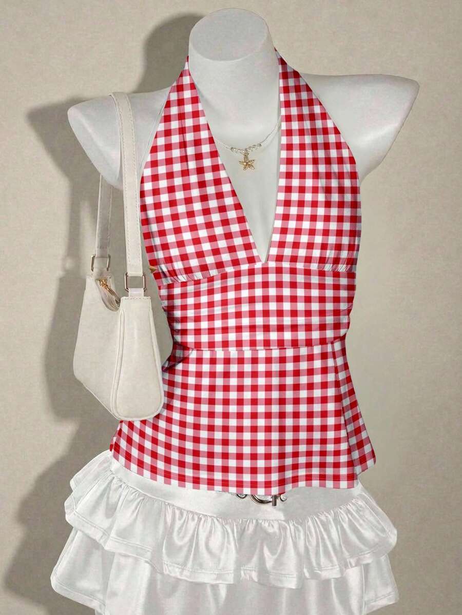 SHEIN ICON 女士红白格子露背吊带深V领A字背心 - 可爱复古Y2K甜美风，适合春夏、海滩度假、野餐、下午茶、节日、约会和旅行 - 彩色 - 查看 1