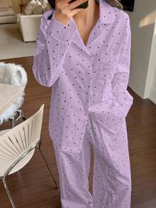 DAZY Set 2 Potong Kardigan Lengan Panjang Motif Polkadot dan Celana Panjang Piyama, Pakaian Tidur Musim Semi Wanita - Mauve Purple - View 6