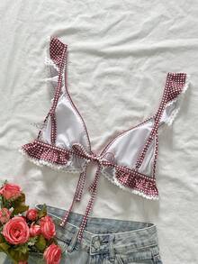 Swim Mod 女士甜美可爱格子印花荷叶边白色蕾丝休闲沙滩度假泳装上衣 - 酒紅色 - 查看 2