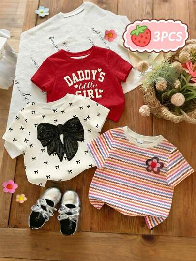 3pcs/Set Baby Girl Unisex Infant Toddler 6M-3T Casual Cute Bow, Letter Print Short Sleeve Knit Crew Neck Tops, Infant & Toddler Girls' Basic Tees, Children Clothing, Infant & Toddler Apparel, Girls' Infant & Toddler 3-Piece Set, Minimalist, Bow Decor, Letter, Floral, Suitable For Spring/Summer