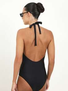 KSTM 女士深V露背连体泳衣，蝴蝶结腰带设计，夏季海滩度假泳池露背连体泳装 - 黑色 - 查看 2